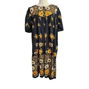 VTG Barbizon House Dress Coat Midi Muu Muu Sz L Navy Blue Yellow Floral‎ Lounge